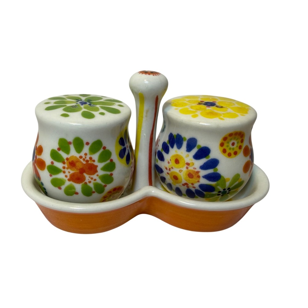Anthropologie Floral Salt and Pepper Shaker Set with Caddy Tray Multicolor